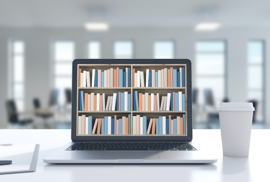 A computer screen with books representing free teacher resources
